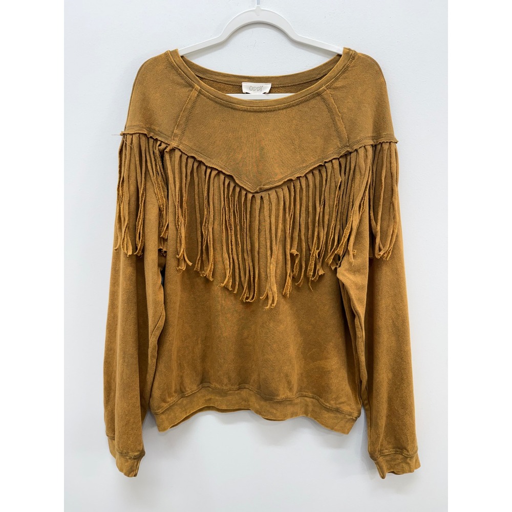 Fringe Sweatshirt Medium Western Boho Mustard Brown Boho chic